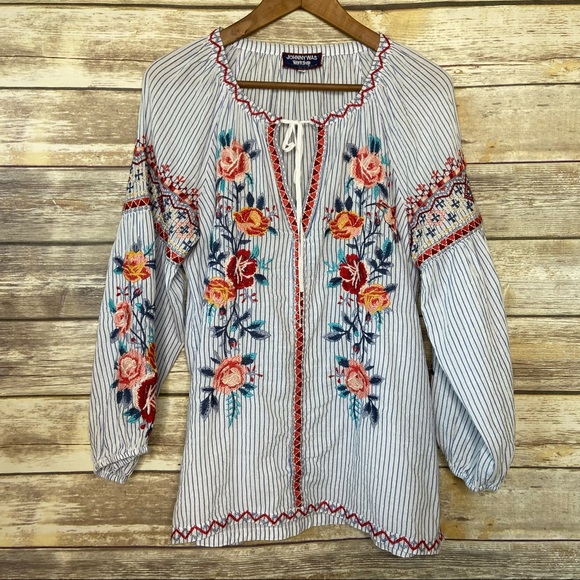 Johnny Was Workshop Nadia Embroidered White Peasant Blouse Medium NWOT - Picture 2 of 16